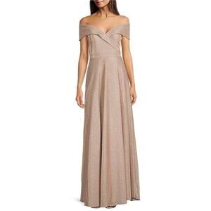 Xscaps Off-The-Shoulder High Slit Pleated Glitter Ball Gown Blush Silver 16 NWT